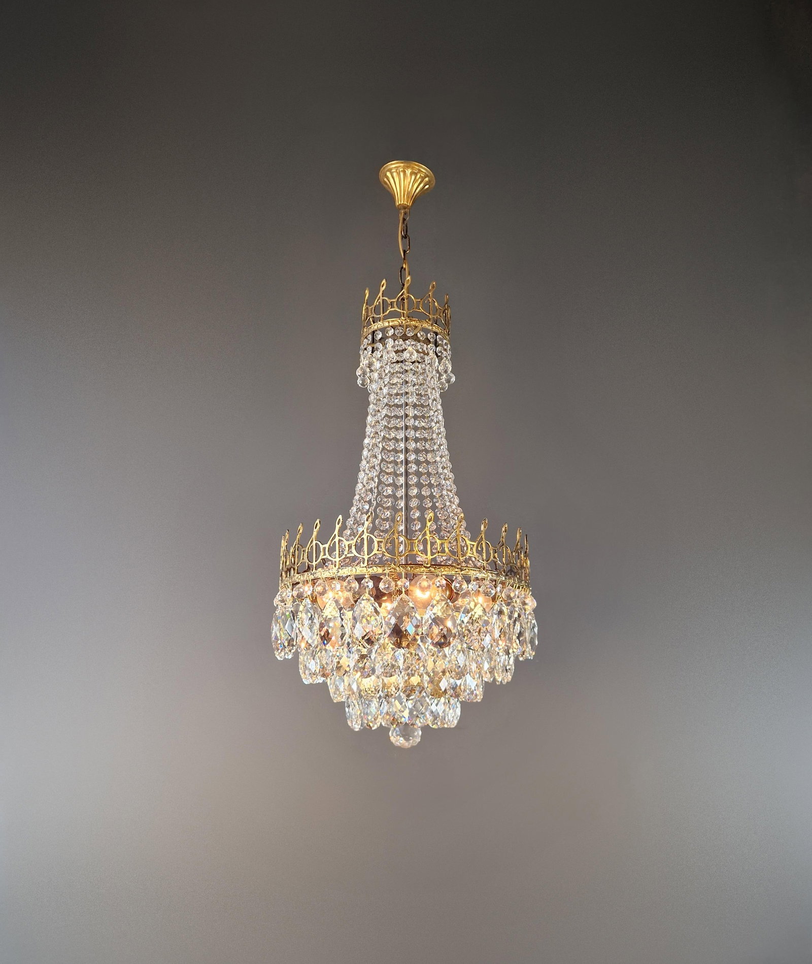 Antique Chandelier With Musical Motif Empire Historicism Style Brass Gold - 2