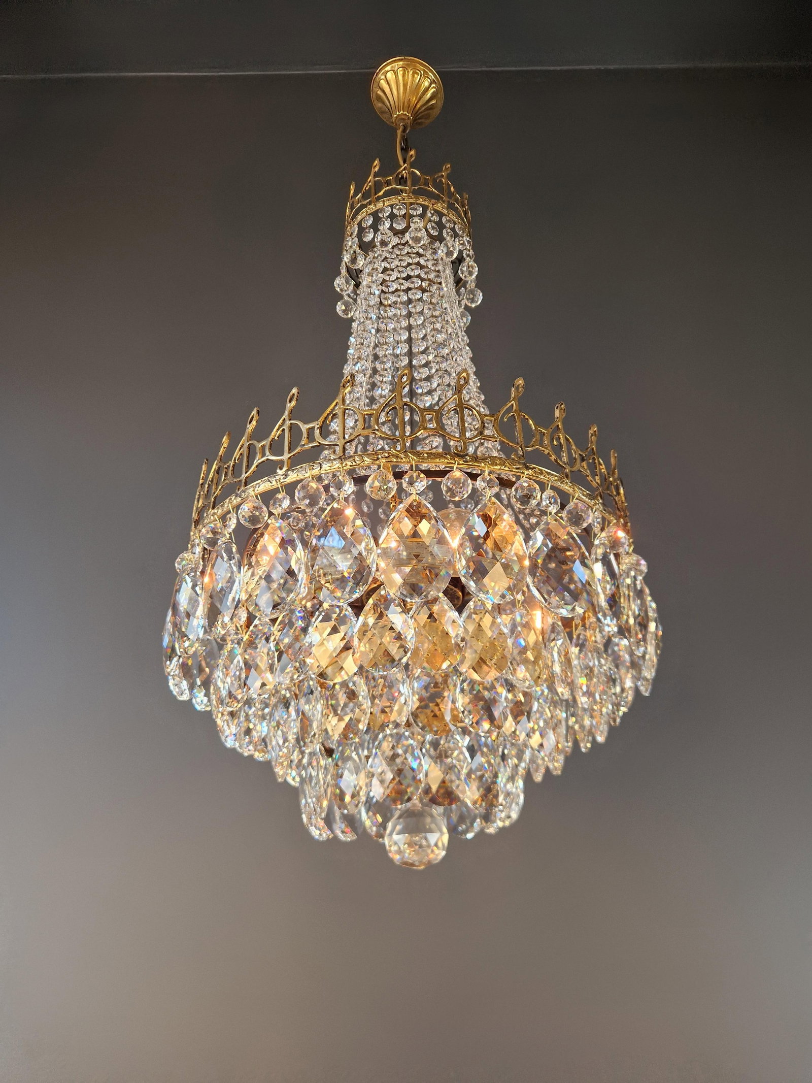 Antique Chandelier With Musical Motif Empire Historicism Style Brass Gold - 3