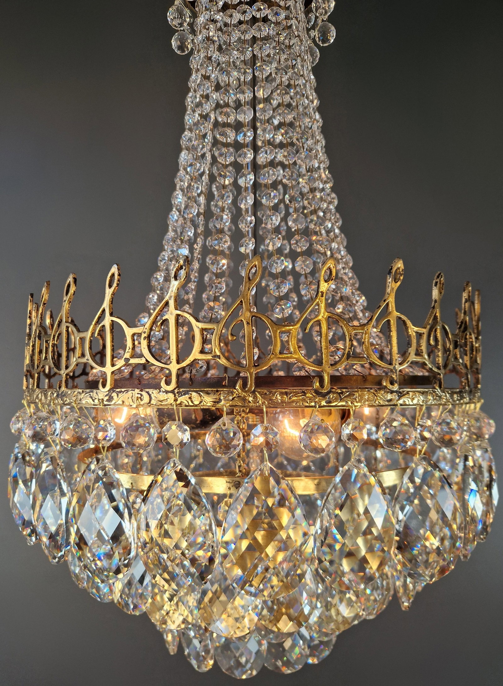 Antique Chandelier With Musical Motif Empire Historicism Style Brass Gold - 4
