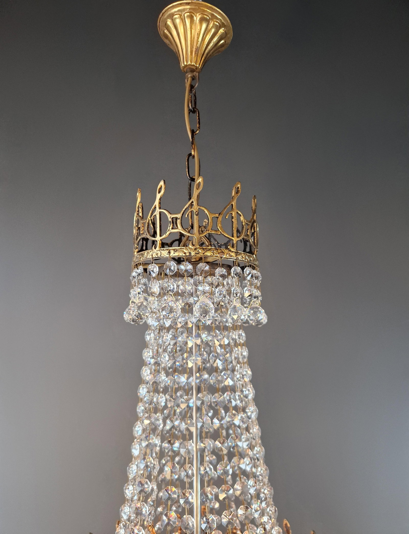 Antique Chandelier With Musical Motif Empire Historicism Style Brass Gold - 5