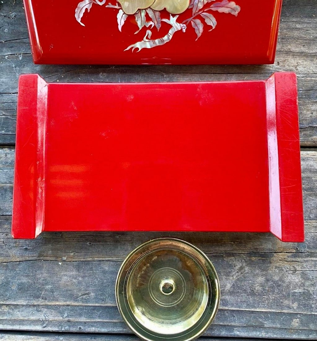 Vintage Japanese Red Lacquer Smoking Box With Mother-of-Pearl Pomegranate Inlay, KBS-Tv Presentation - 11