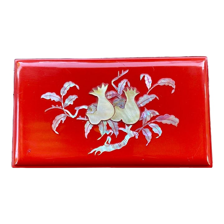 Vintage Japanese Red Lacquer Smoking Box With Mother-of-Pearl Pomegranate Inlay, KBS-Tv Presentation: A striking mid-century Japanese lacquer smoking box in a luminous oxblood-red finish with hand-applied mother-of-pearl inlay depicting pomegranates and foliage "” traditional symbols of
