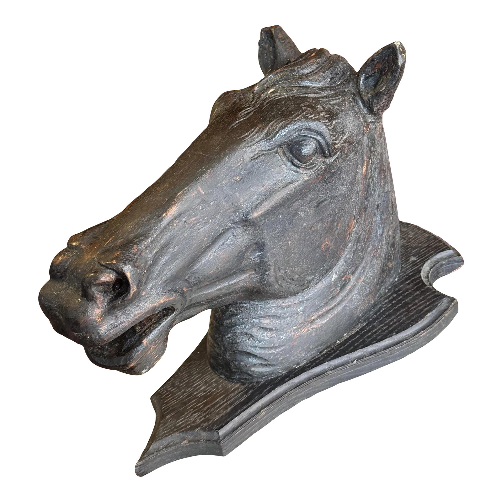 19th Century Wooden Horse Head Trade Sign: 19th century solid carved wood horse head trade sign. Exceptional piece of folk art and rare to find in wood. Likely c.1880s butcher shop sign to indicate that horse meat was sold there. Totally beaut