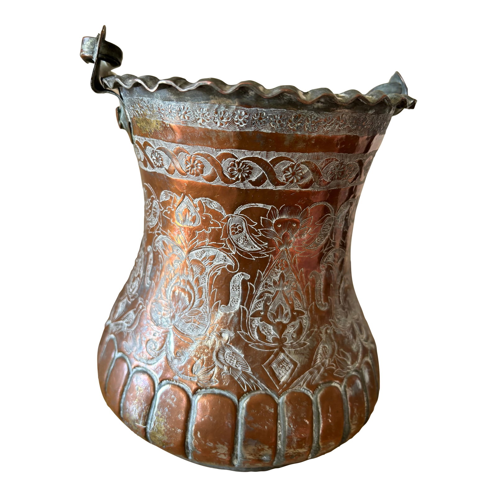 Persian Copper/Tin Bucket With Intricate Engraving From Collection of American Personnel in Tehran 1: This bucket is a beautiful example of the most refined Persian artistry. It is part of a collection of Persian artifacts from the home of a former US Foreign Service Officer in Tehran during the