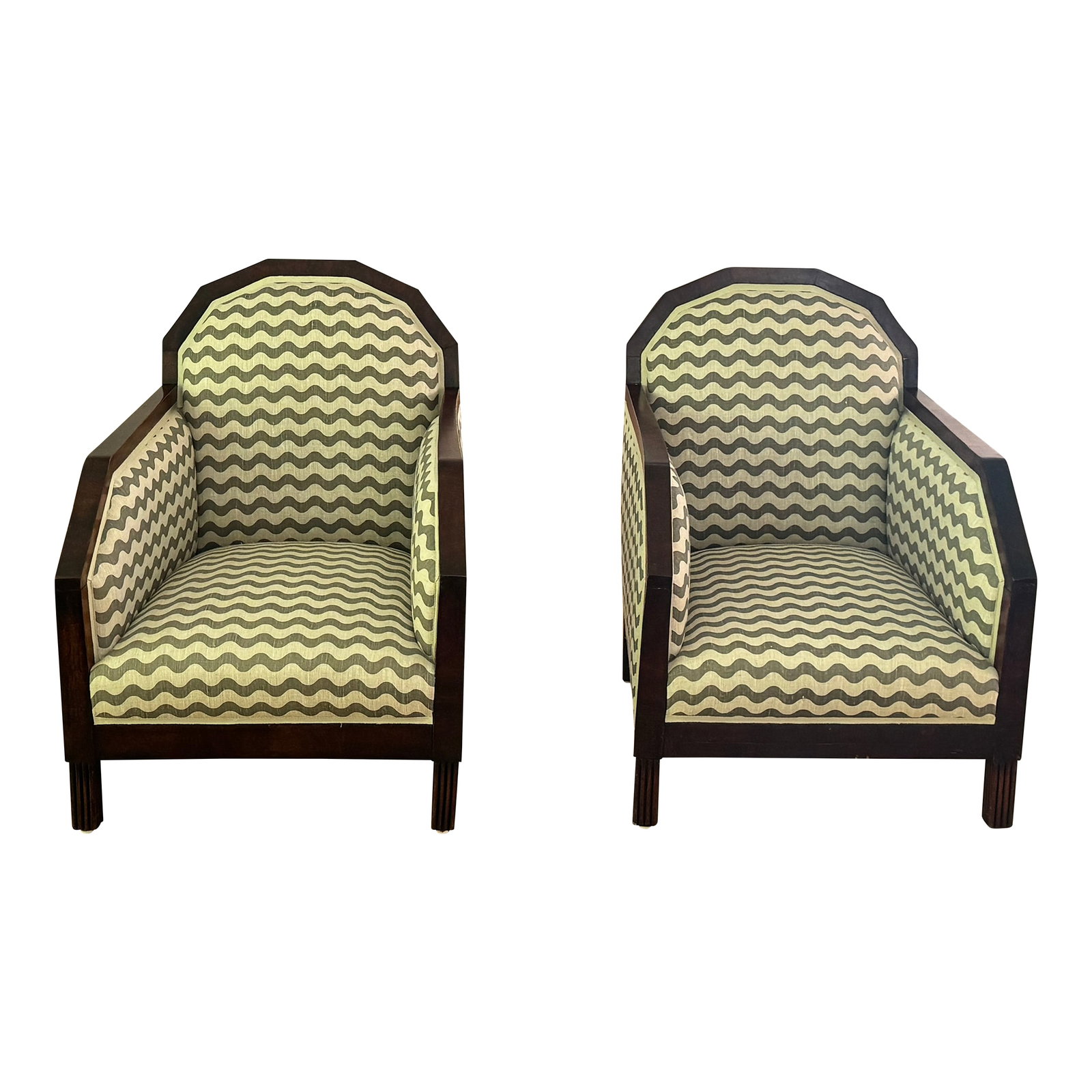 1920s Pair of Art-Deco-Inspired Accent Chairs: Pair of accent chairs featuring a rich dark wood frame and "rich-rac"-pattern upholstery in neutral tones. Art Deco-inspired lines with a modern contemporary aesthetic, making them perfect for a