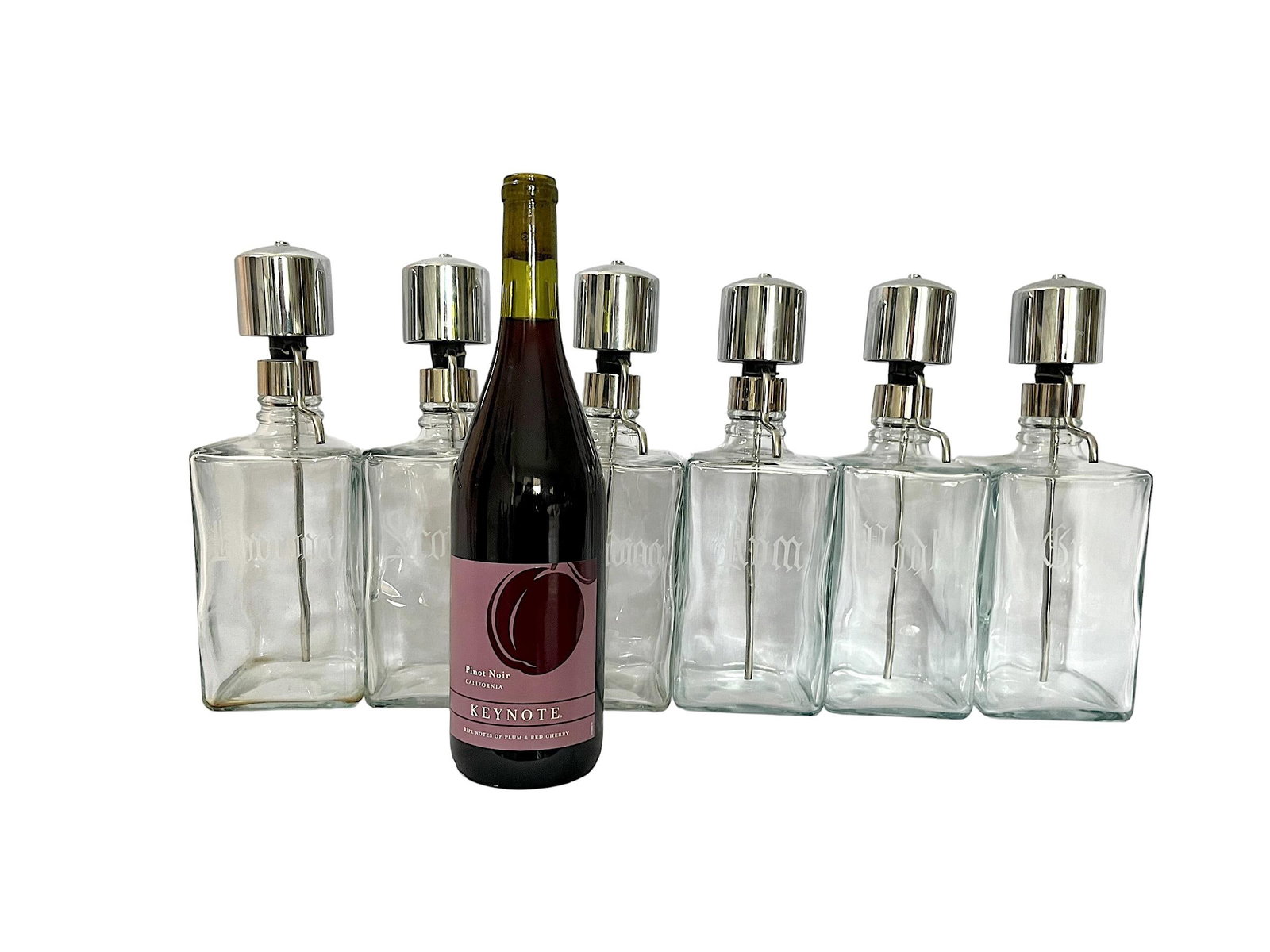 Vintage Mid-Century Etched Glass & Chrome Liquor Dispenser Bar Bottles "” Set of 6 - 2