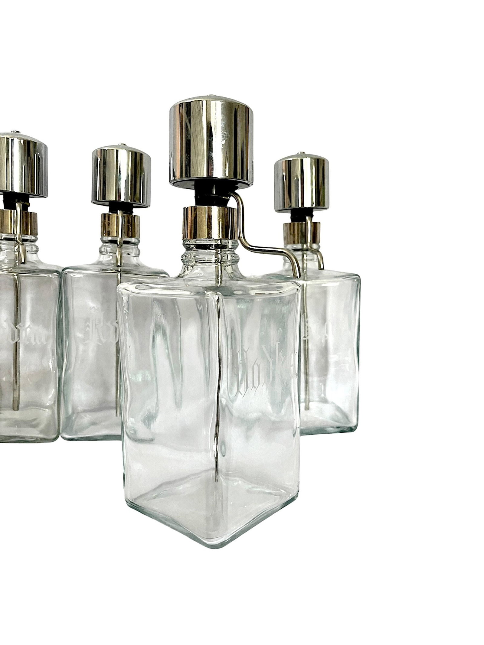 Vintage Mid-Century Etched Glass & Chrome Liquor Dispenser Bar Bottles "” Set of 6 - 3
