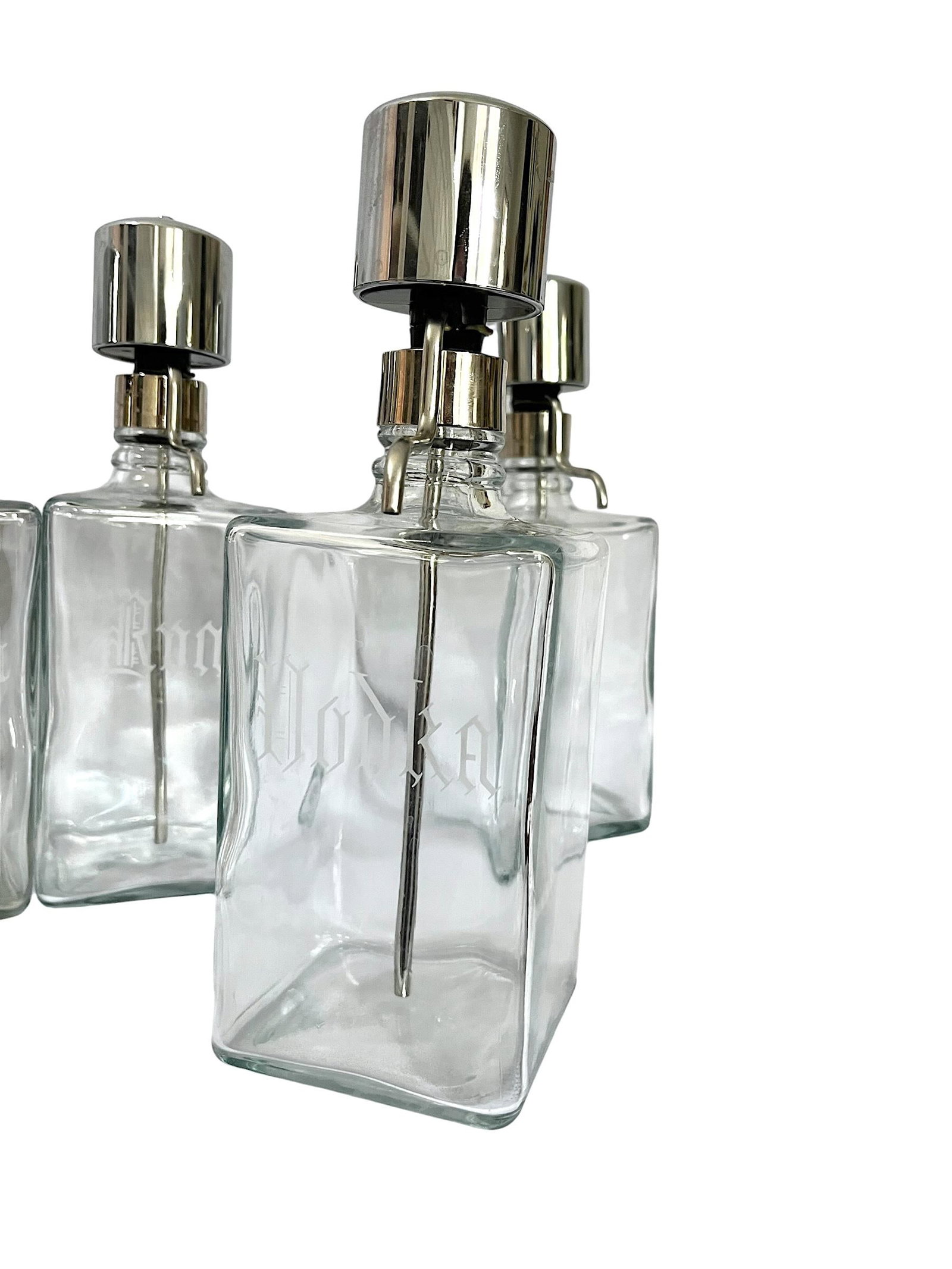 Vintage Mid-Century Etched Glass & Chrome Liquor Dispenser Bar Bottles "” Set of 6 - 4