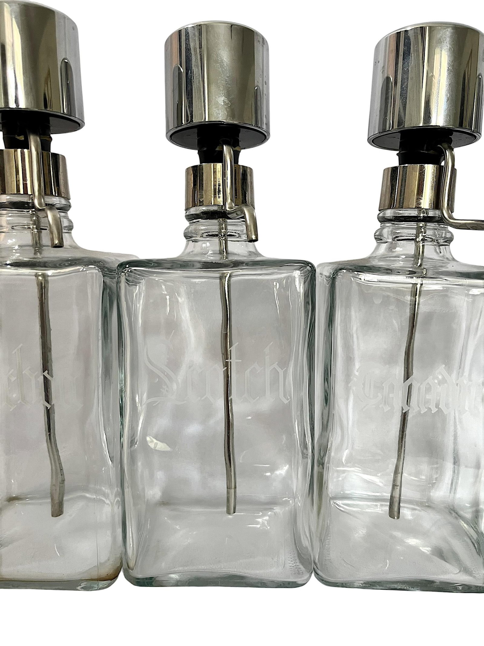Vintage Mid-Century Etched Glass & Chrome Liquor Dispenser Bar Bottles "” Set of 6 - 7
