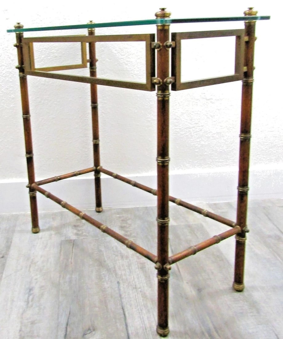 Mid-Century French Glass Top Faux Bamboo Wood and Brass Side Table Attributed to Maison Baguès - 10