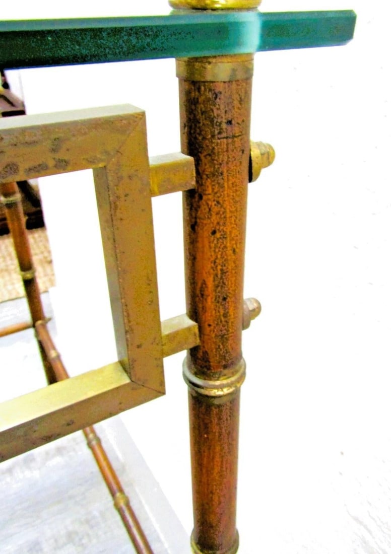 Mid-Century French Glass Top Faux Bamboo Wood and Brass Side Table Attributed to Maison Baguès - 16
