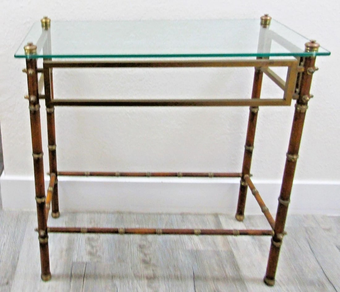 Mid-Century French Glass Top Faux Bamboo Wood and Brass Side Table Attributed to Maison Baguès - 2