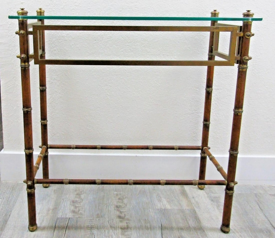 Mid-Century French Glass Top Faux Bamboo Wood and Brass Side Table Attributed to Maison Baguès - 3