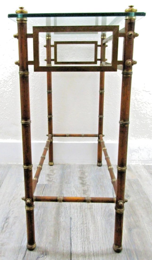 Mid-Century French Glass Top Faux Bamboo Wood and Brass Side Table Attributed to Maison Baguès - 4