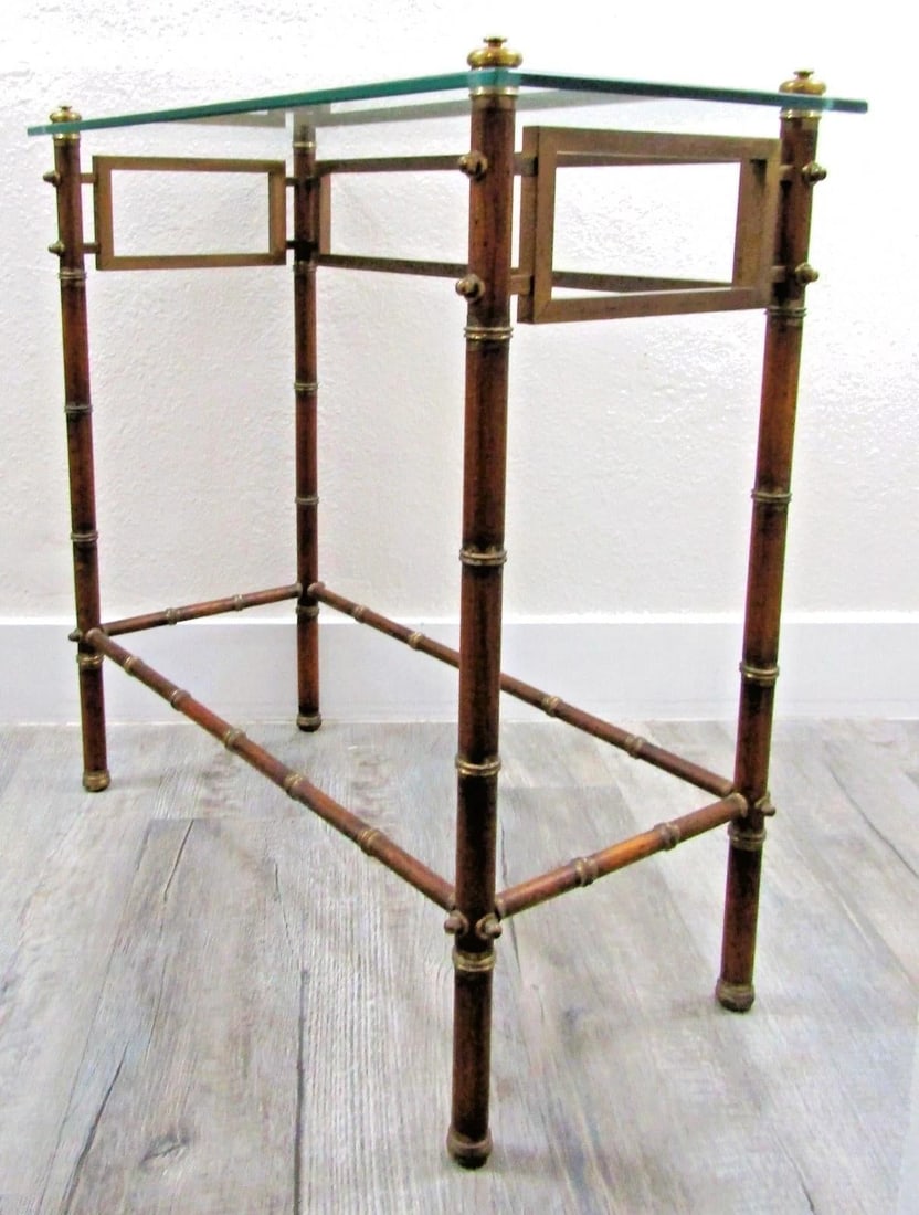Mid-Century French Glass Top Faux Bamboo Wood and Brass Side Table Attributed to Maison Baguès - 5