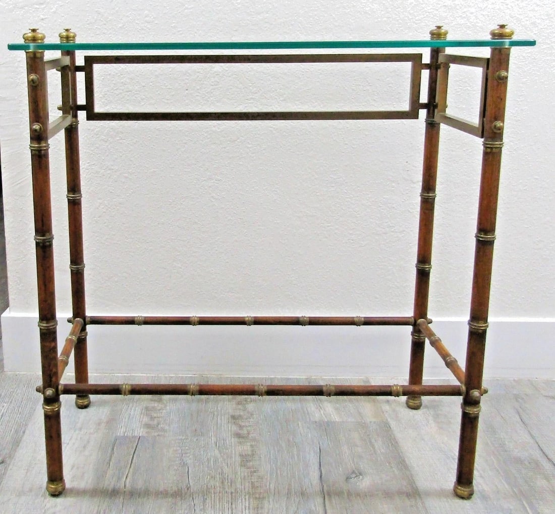 Mid-Century French Glass Top Faux Bamboo Wood and Brass Side Table Attributed to Maison Baguès - 6