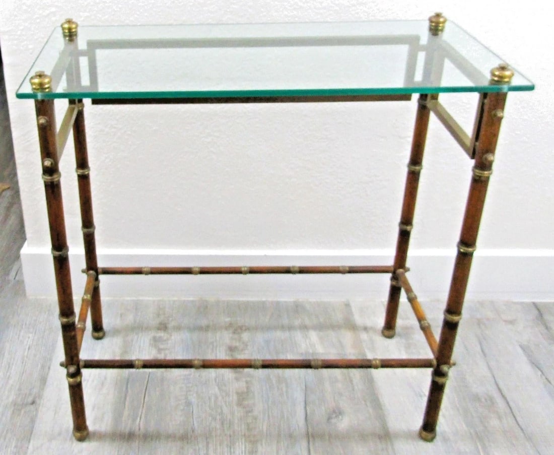 Mid-Century French Glass Top Faux Bamboo Wood and Brass Side Table Attributed to Maison Baguès - 7
