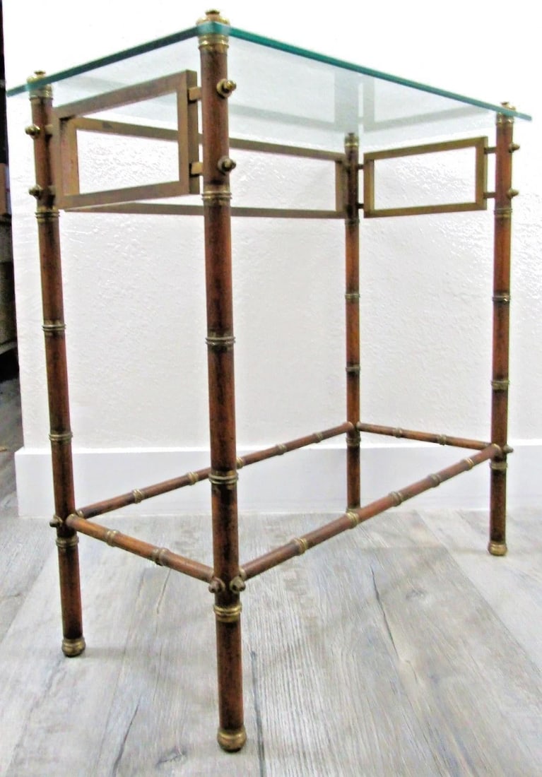 Mid-Century French Glass Top Faux Bamboo Wood and Brass Side Table Attributed to Maison Baguès - 8