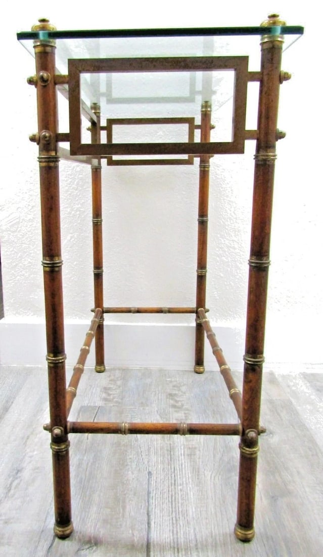 Mid-Century French Glass Top Faux Bamboo Wood and Brass Side Table Attributed to Maison Baguès - 9