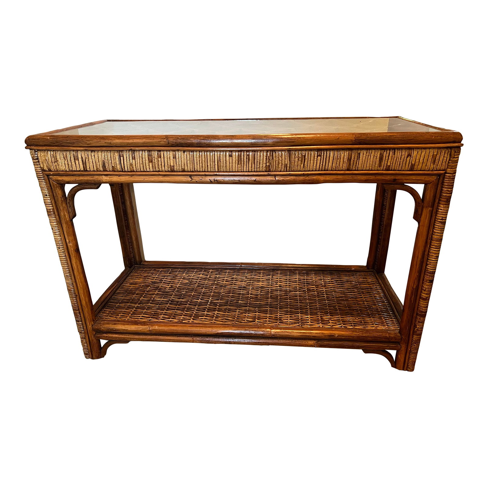 Midcentury Bamboo Rattan Console Table Organic Modern Style: This is a vintage mid-century modern organic style rattan and bamboo console table with a glass top. Handsome mid-century organic modern two-tier console table or sofa table. The console features a
