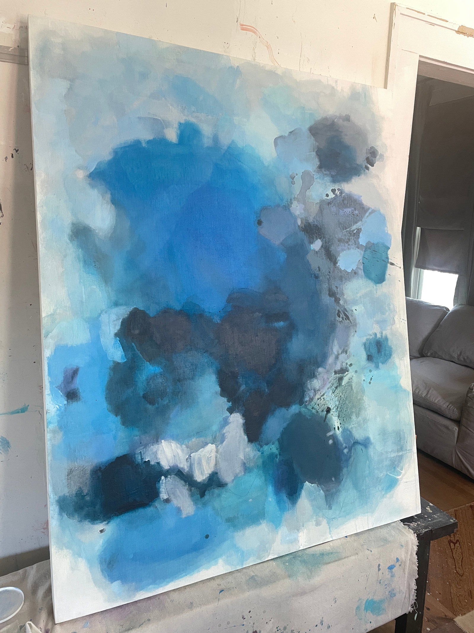 Large Atmospheric Blue Lyrical Abstraction Painting by Stacey Warnix With Deep Indigo Accents - 10