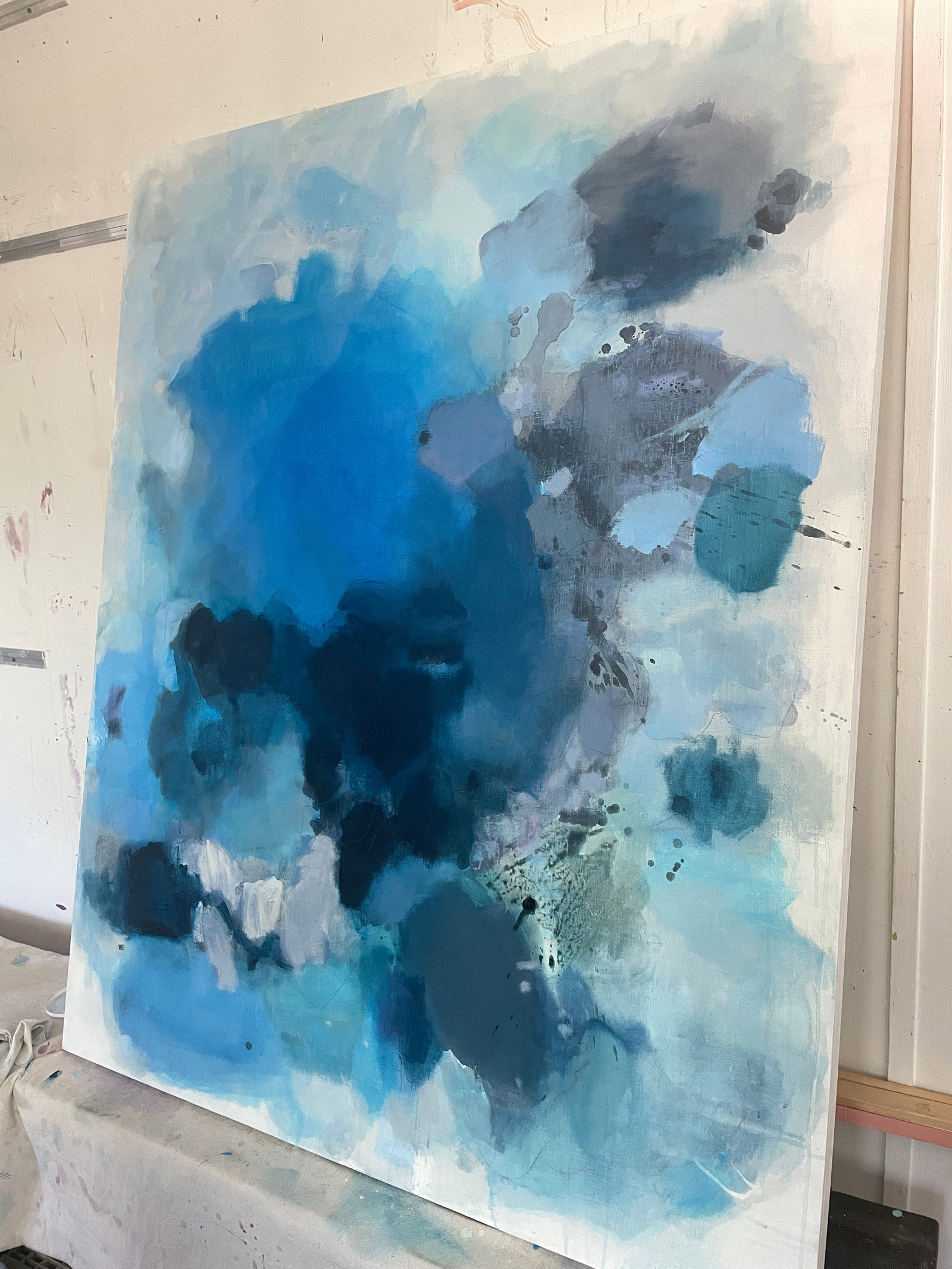 Large Atmospheric Blue Lyrical Abstraction Painting by Stacey Warnix With Deep Indigo Accents - 11