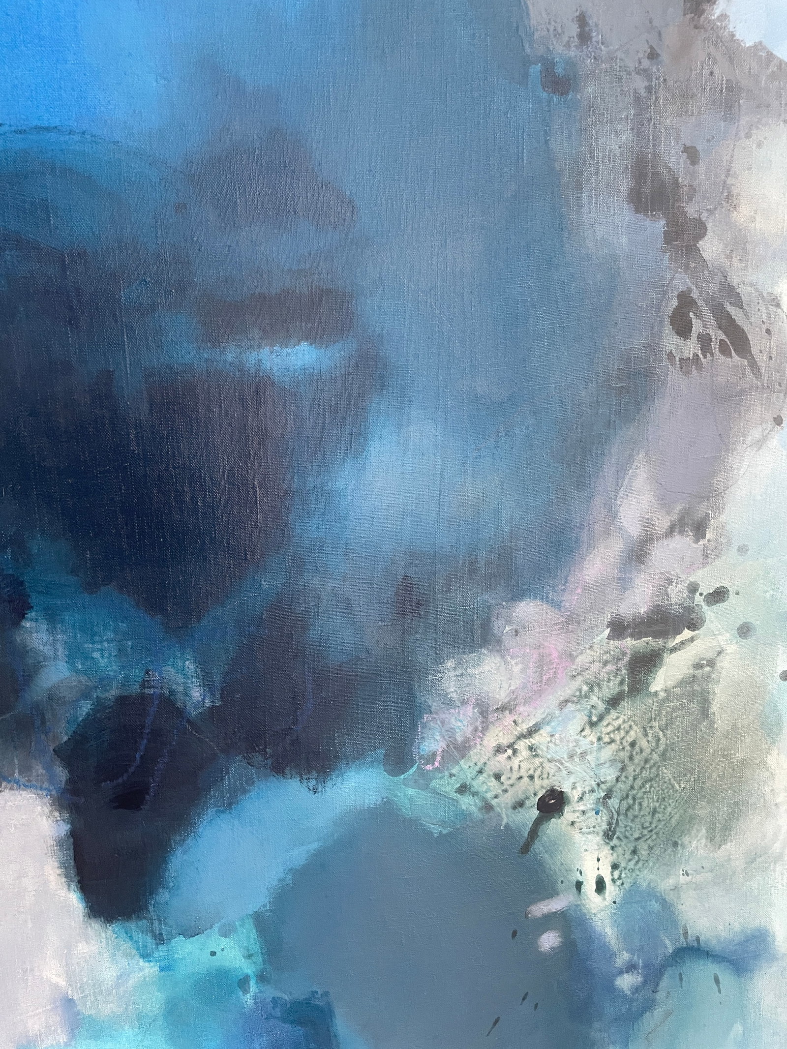 Large Atmospheric Blue Lyrical Abstraction Painting by Stacey Warnix With Deep Indigo Accents - 4