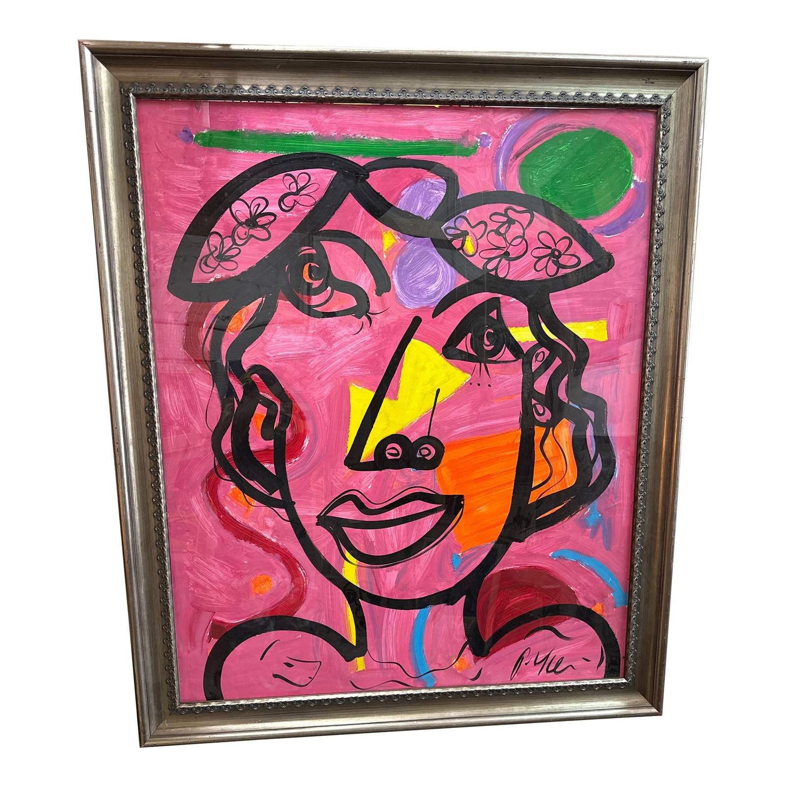 1970s Peter Keil Huge Pink Female Cubist Painting, Framed: Outstanding Monumental Painting by Peter Robert Keil (born 1942) This piece is very large depicting a Picasso Esque Cubist Female with pink background . It is oil on board in custom frame ready to