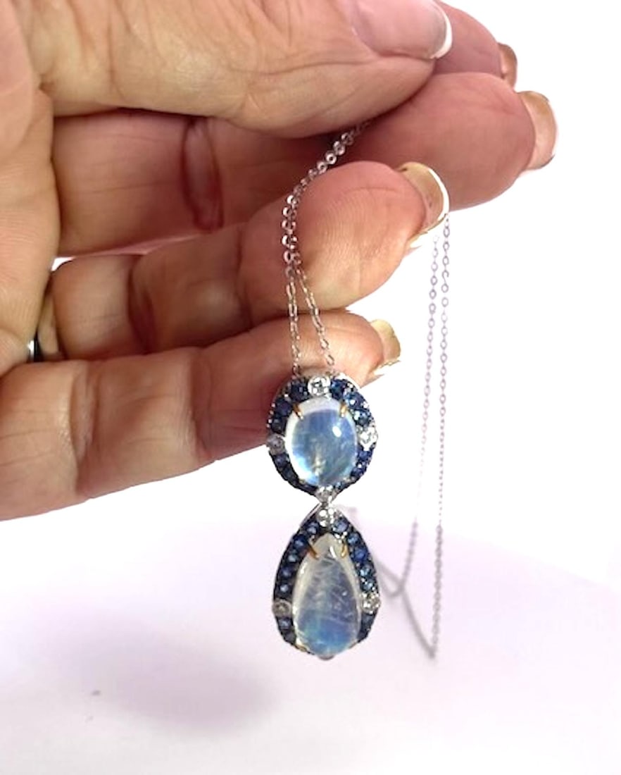 Double Drop Moonstone Pendant W/Diamonds and Sapphires 18k - 2