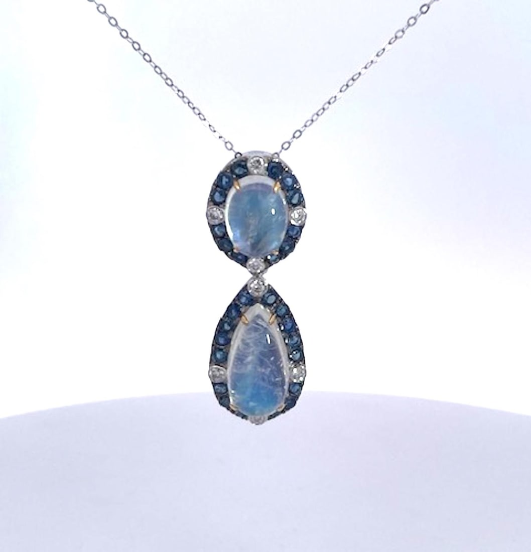 Double Drop Moonstone Pendant W/Diamonds and Sapphires 18k - 6