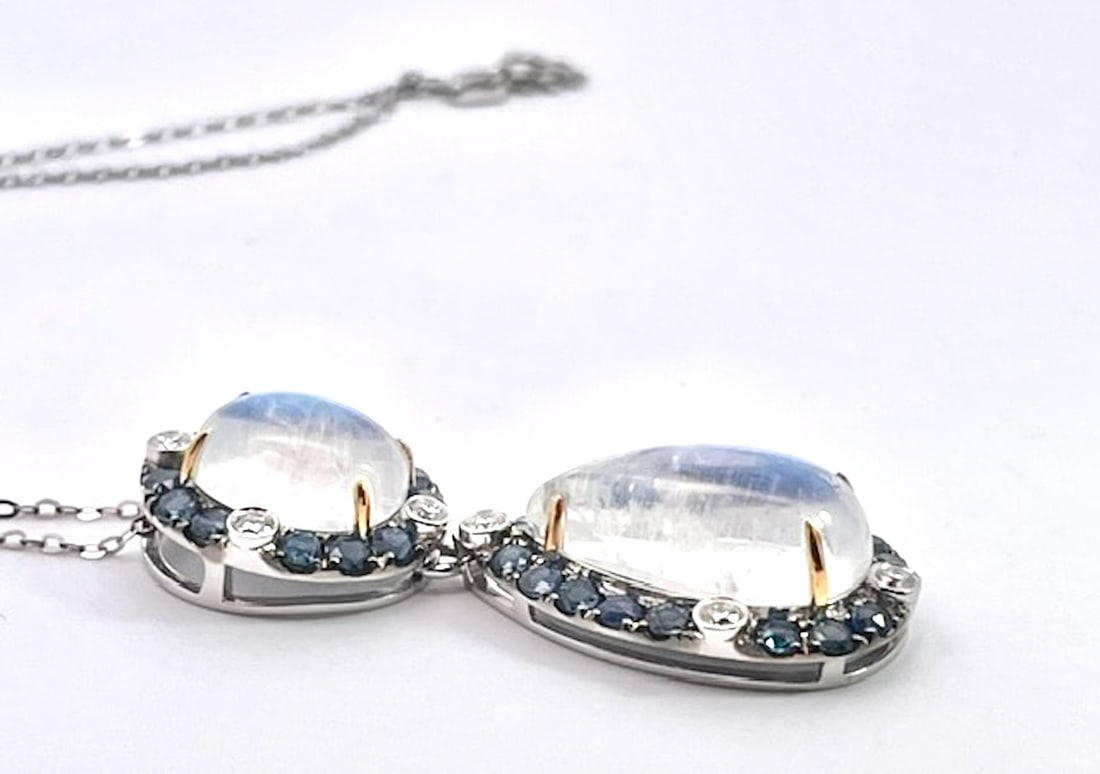 Double Drop Moonstone Pendant W/Diamonds and Sapphires 18k - 7