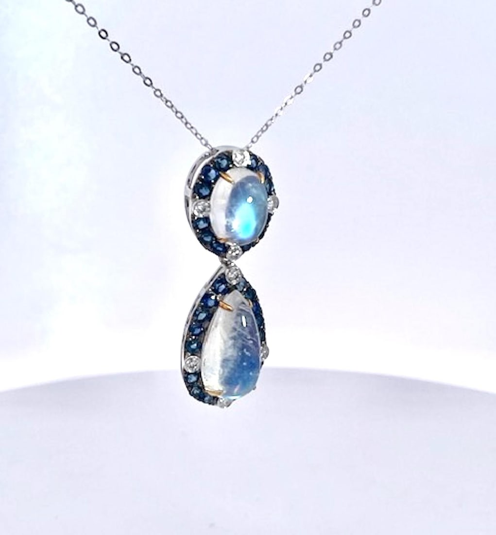 Double Drop Moonstone Pendant W/Diamonds and Sapphires 18k - 9