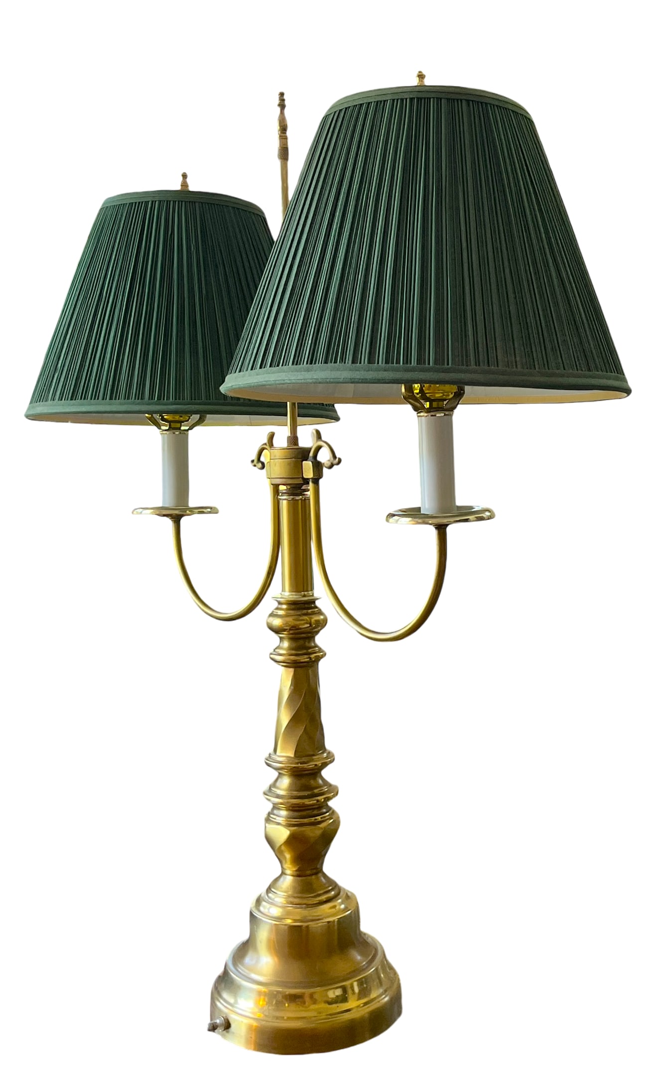 Monumental Vintage Brass Bouillotte Table Lamp With Custom Hunter Green Pleated Shades "” - 2