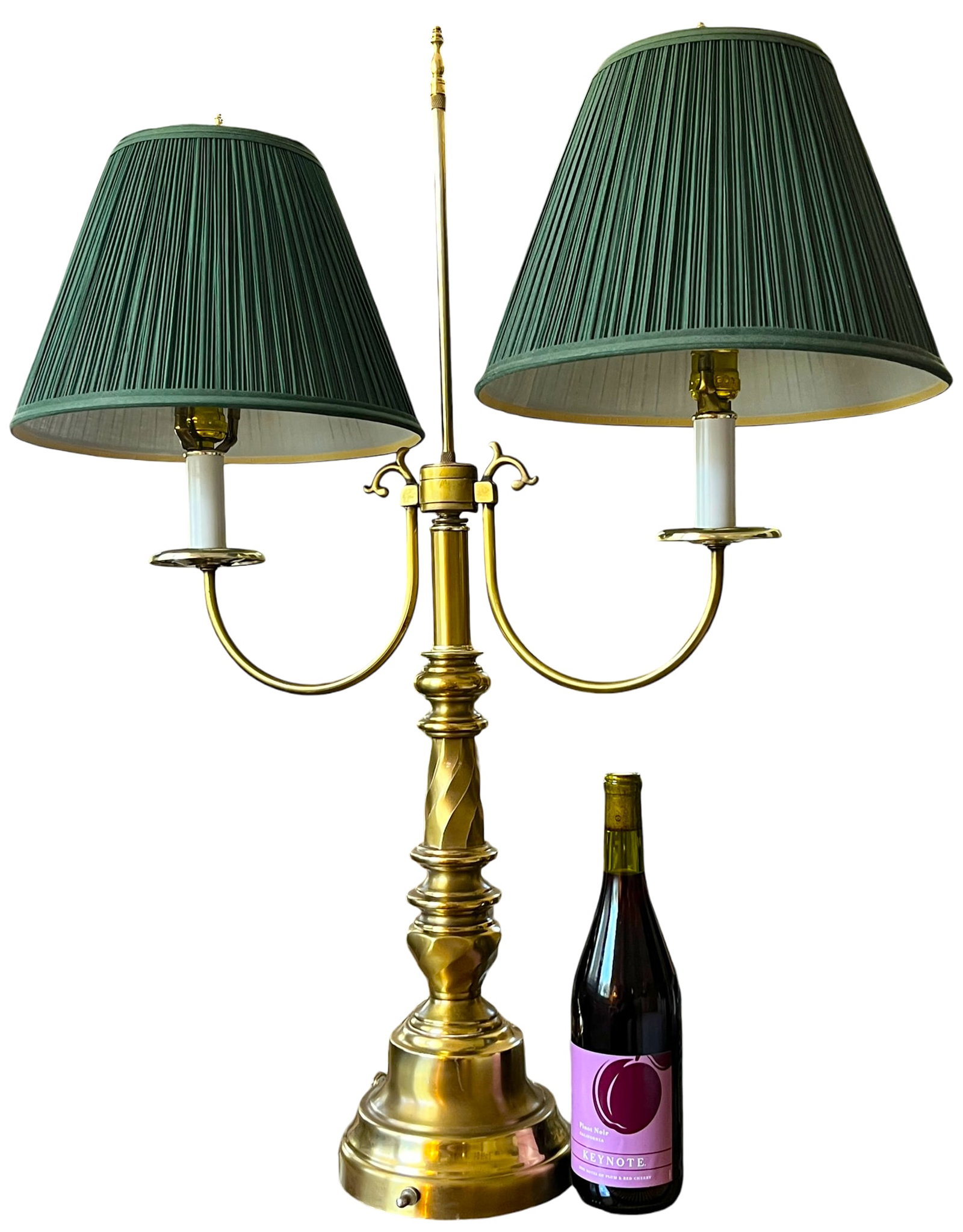 Monumental Vintage Brass Bouillotte Table Lamp With Custom Hunter Green Pleated Shades "” - 3