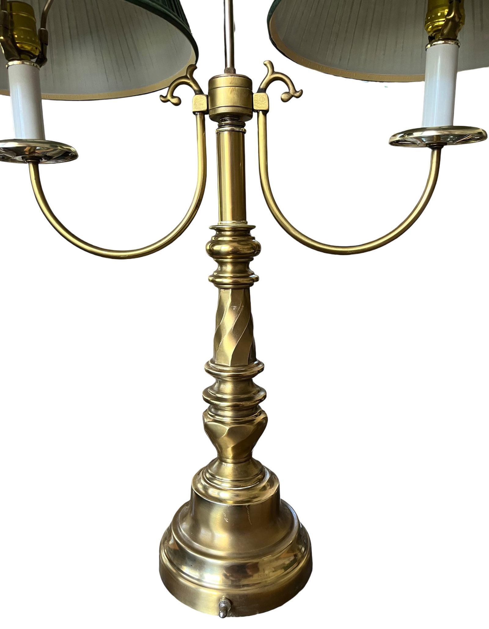 Monumental Vintage Brass Bouillotte Table Lamp With Custom Hunter Green Pleated Shades "” - 4