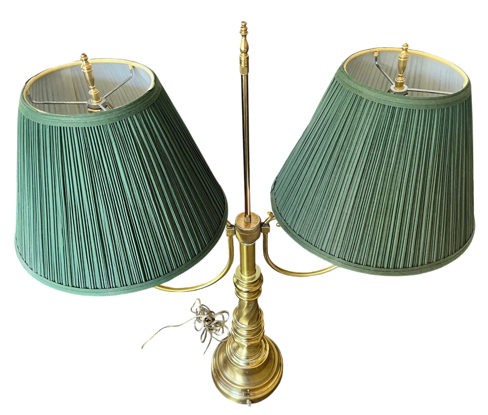 Monumental Vintage Brass Bouillotte Table Lamp With Custom Hunter Green Pleated Shades "” - 8