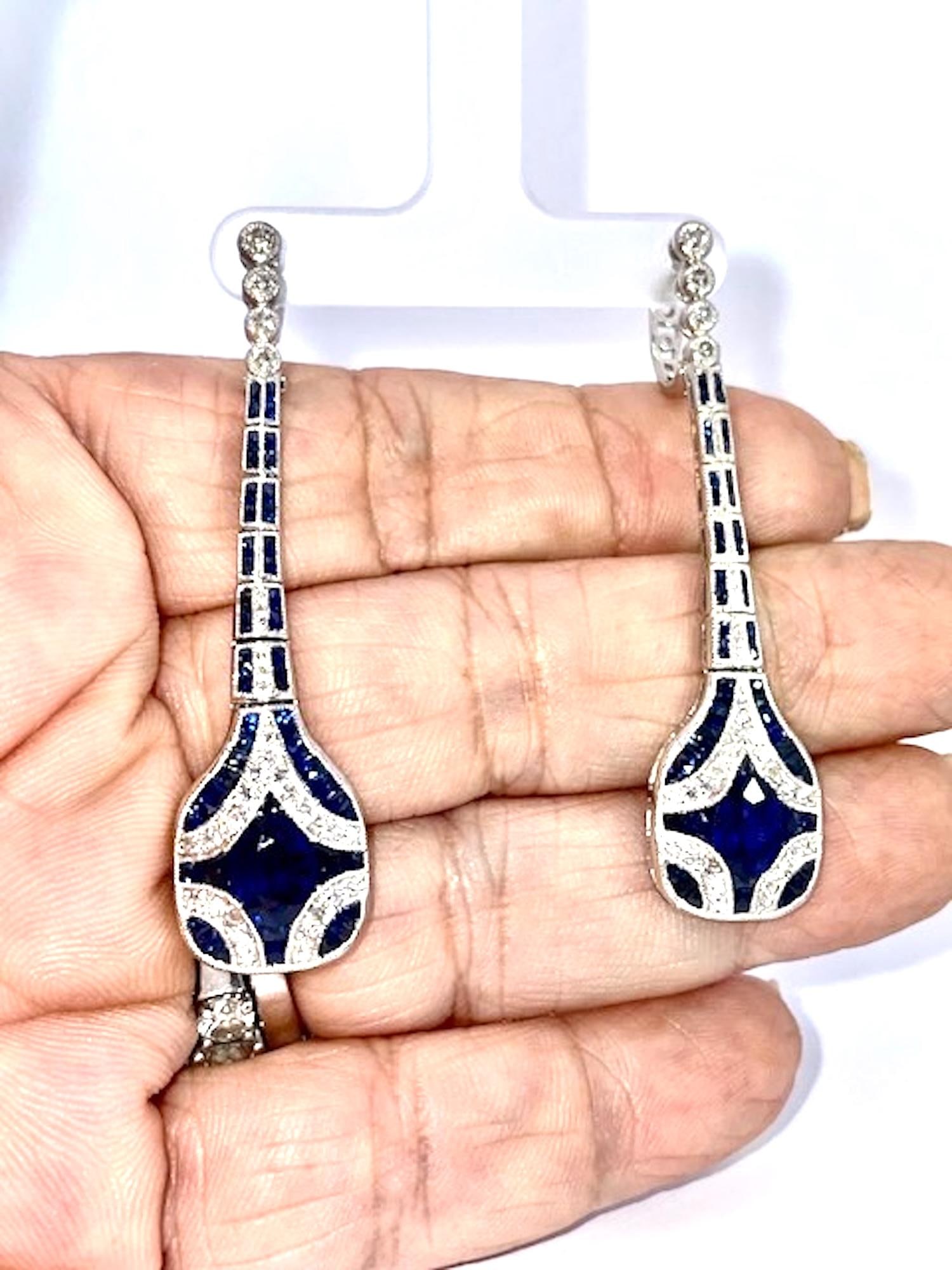 1960s Pair of Art Deco Sapphire and Diamond Drop Earrings - 4