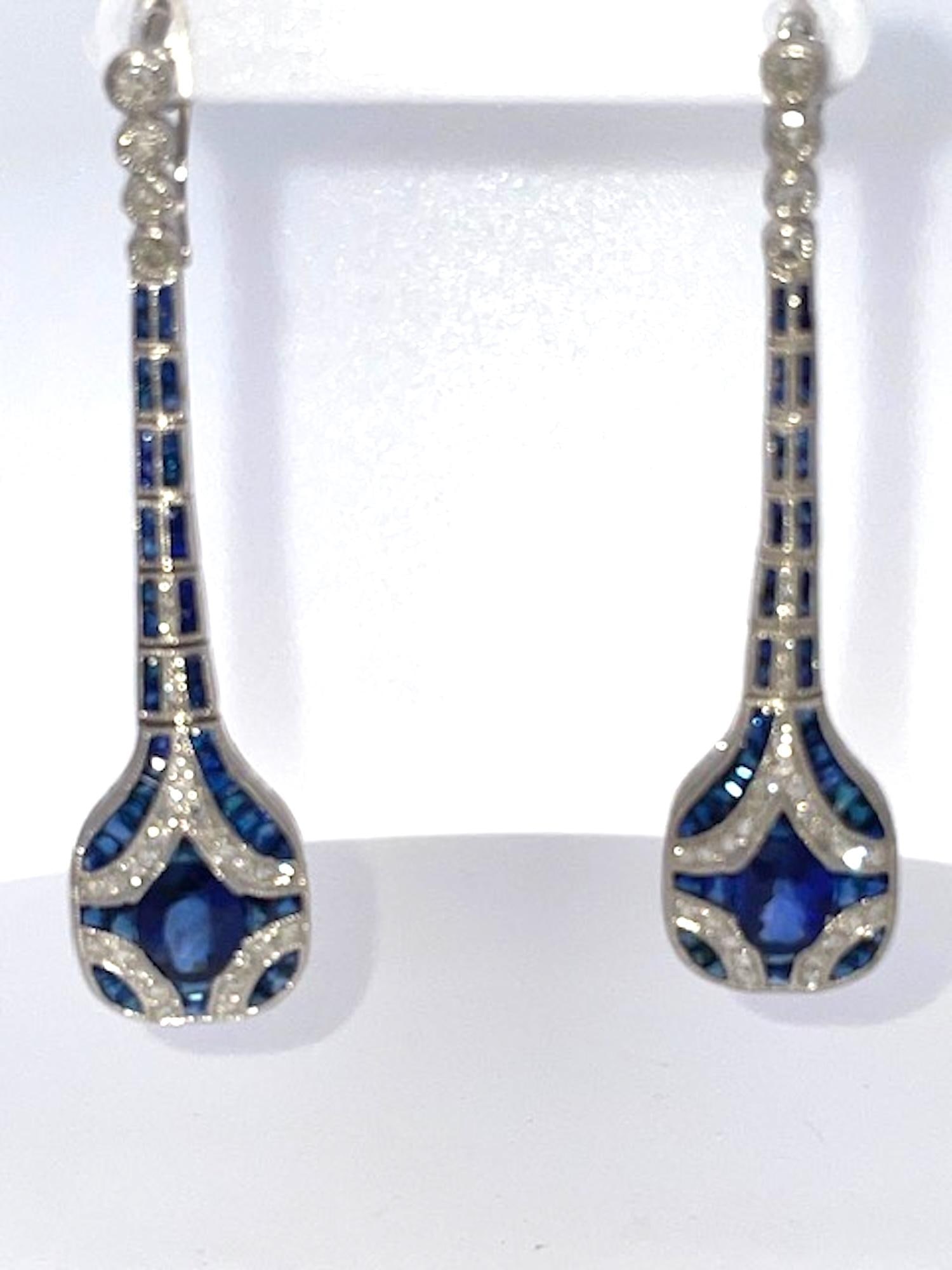 1960s Pair of Art Deco Sapphire and Diamond Drop Earrings - 5
