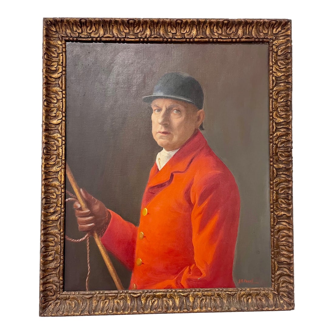 Early 20th Century Equestrian Themed Portrait, Oil-on-Canvas: An oil on canvas portrait of a gentleman in red-jacketed riding regalia that was exhibited at a Royal Academy Exhibition in 1904 at Derby, England.. The painting is signed by artist J.B. Pearl and