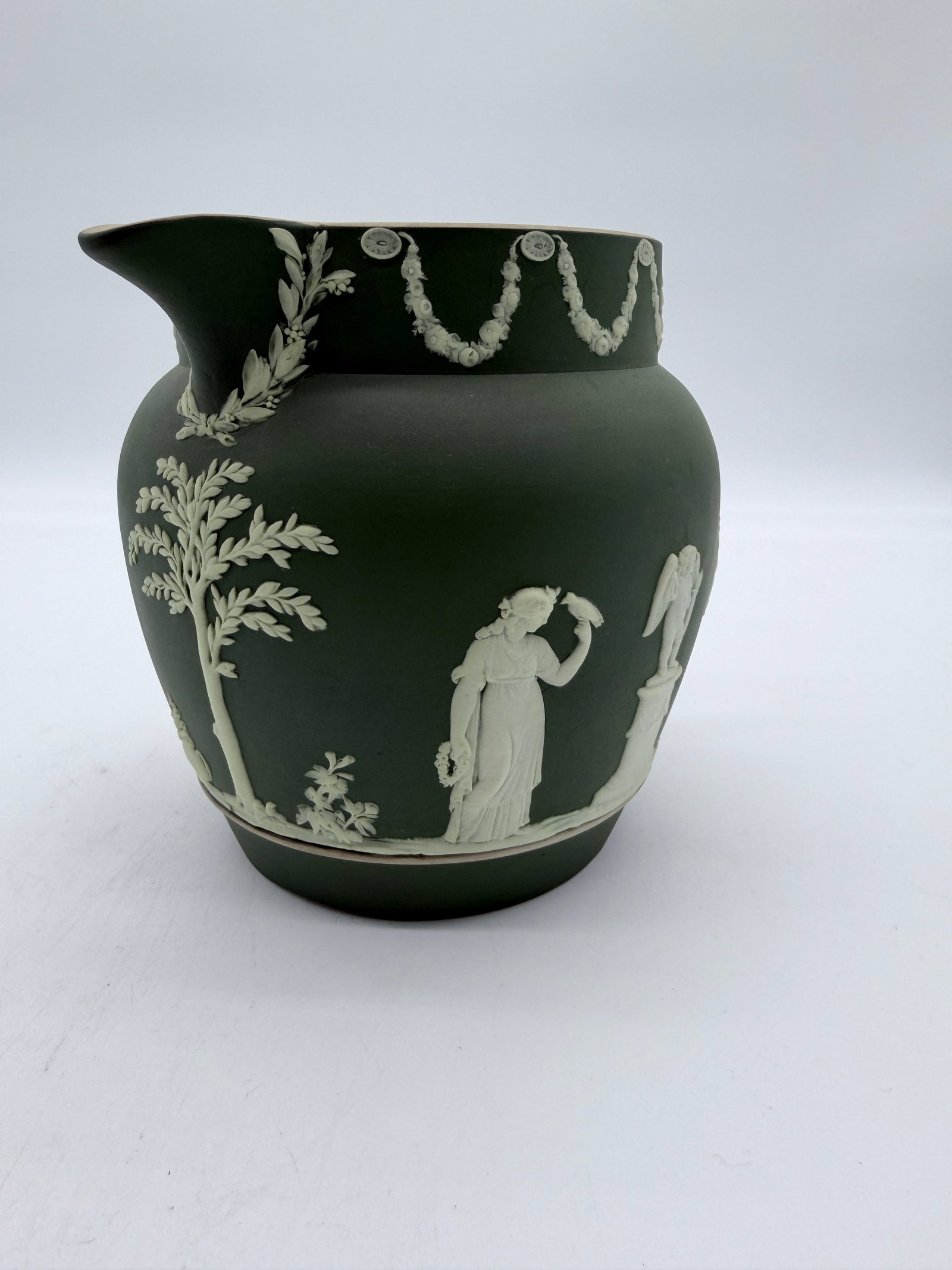 Antique Olive Green Wedgwood Jasperware Pitcher England, Circa 1891–1908 - 3