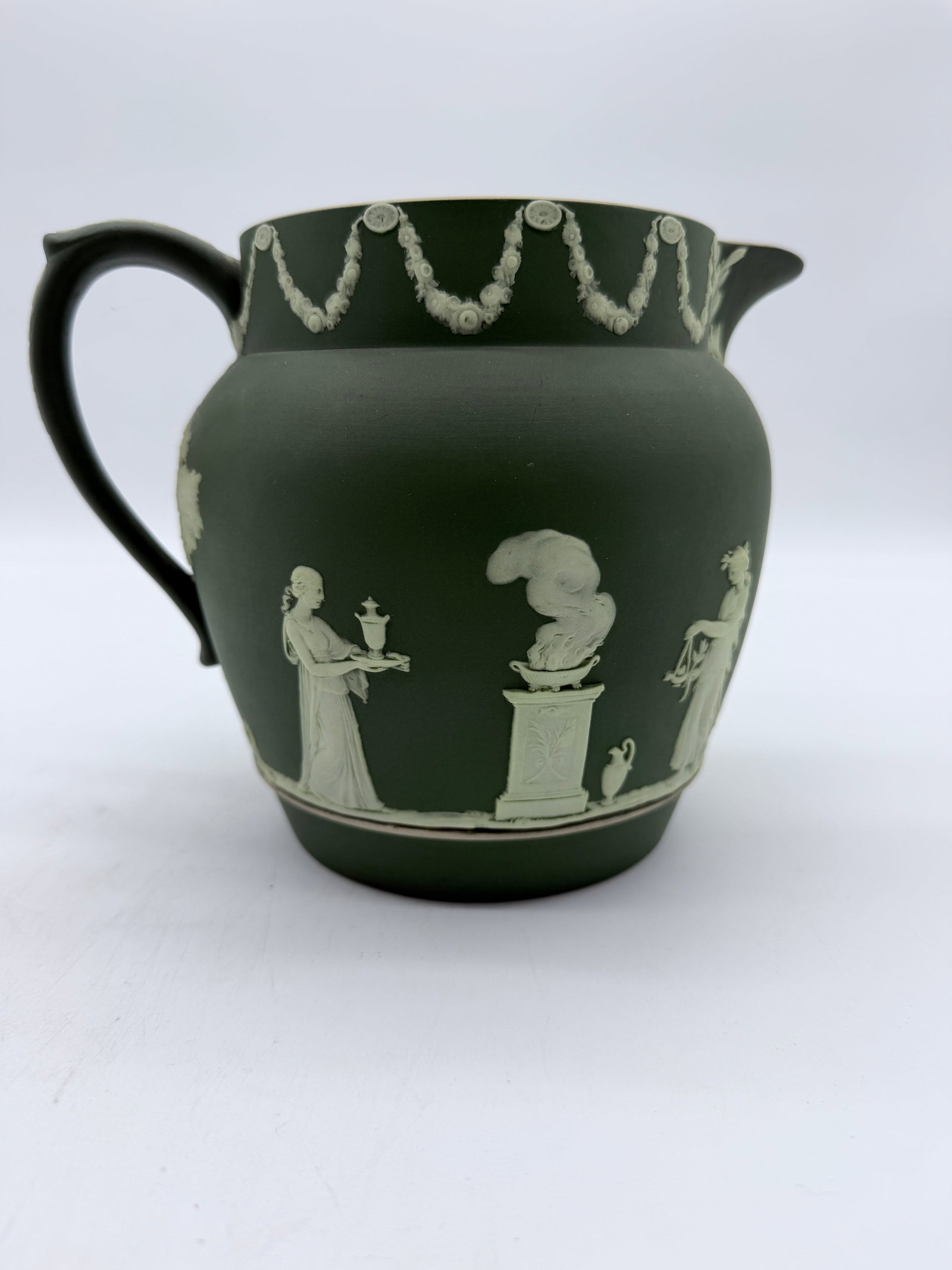 Antique Olive Green Wedgwood Jasperware Pitcher England, Circa 1891–1908 - 5