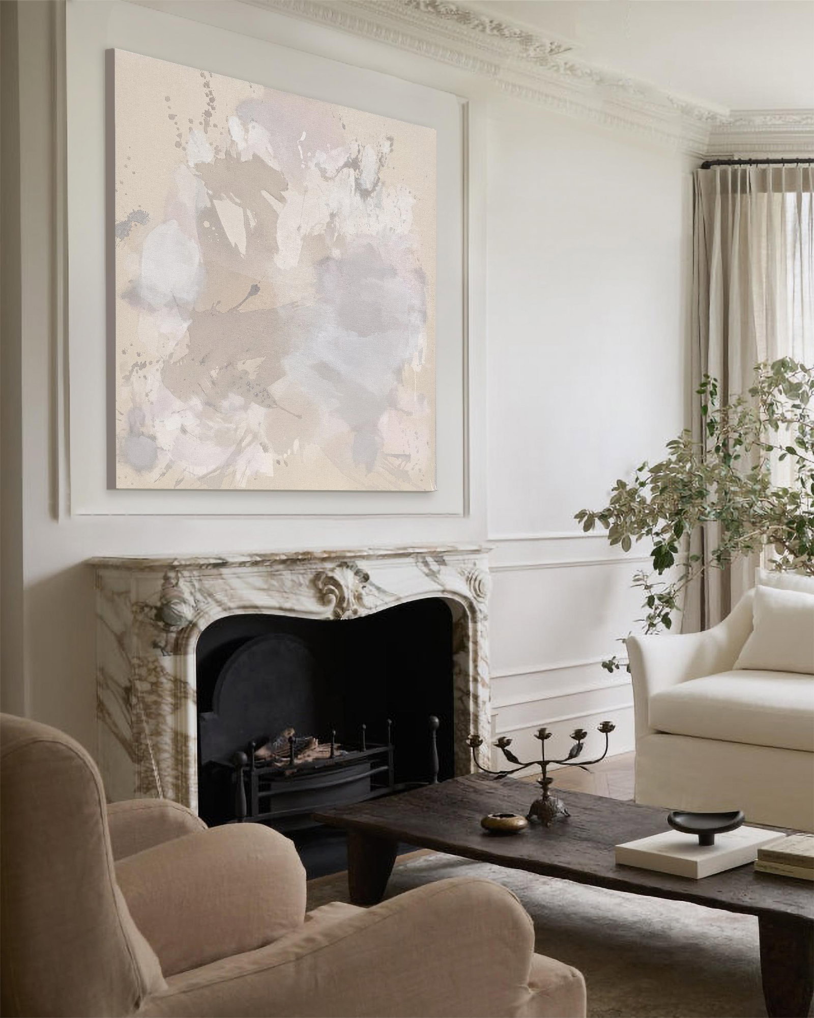 Original Contemporary Abstract Painting in Muted Taupe, Chalky White, and Soft Lilac by American Lyr - 3