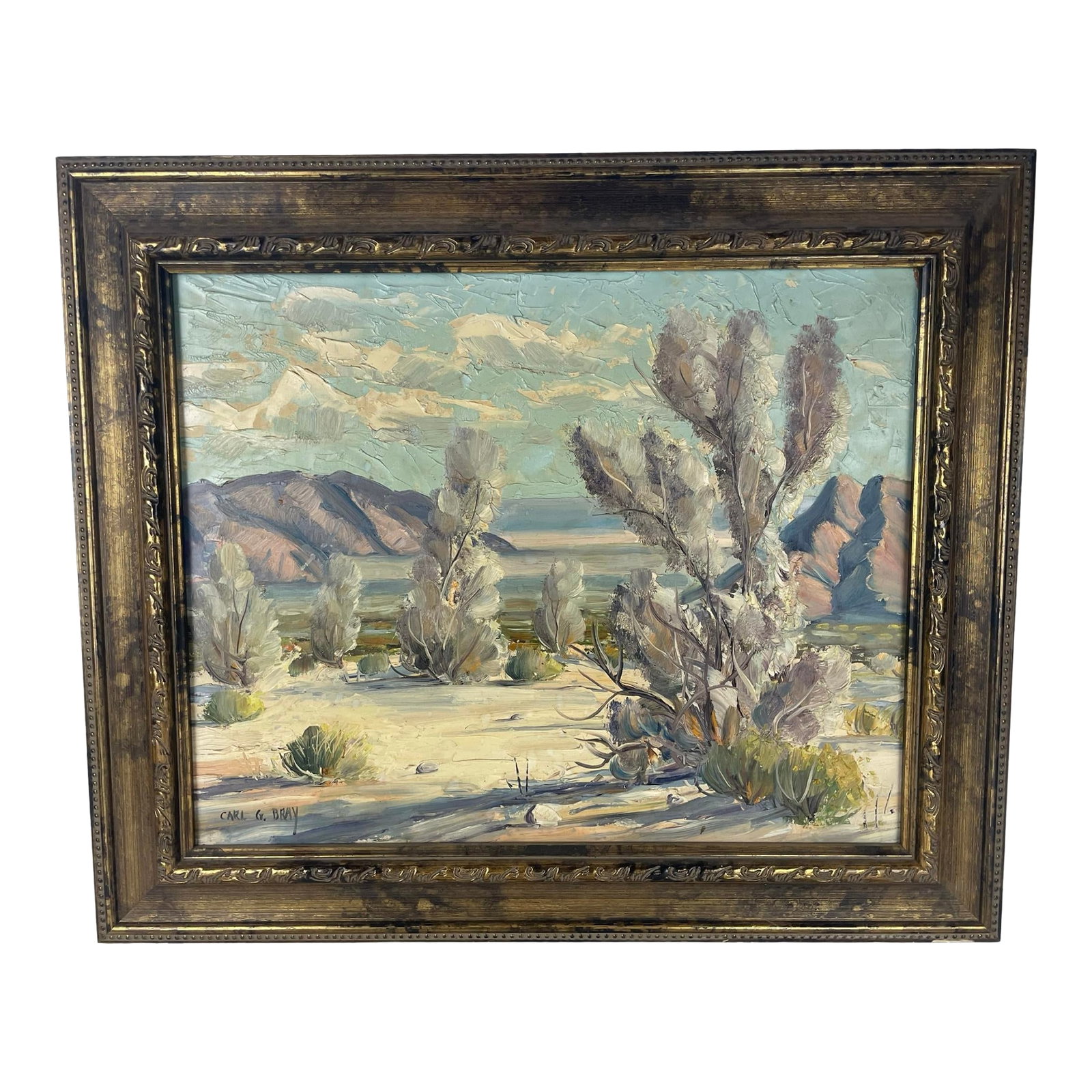 Mid 20th Century Carl G. Bray Southwest Desert Landscape Oil Painting in Gilt Frame (1 of 4)