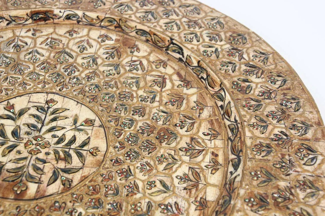 Indian Mughal Style Overlaid and Hand Painted Metal Platter 1950 - 2