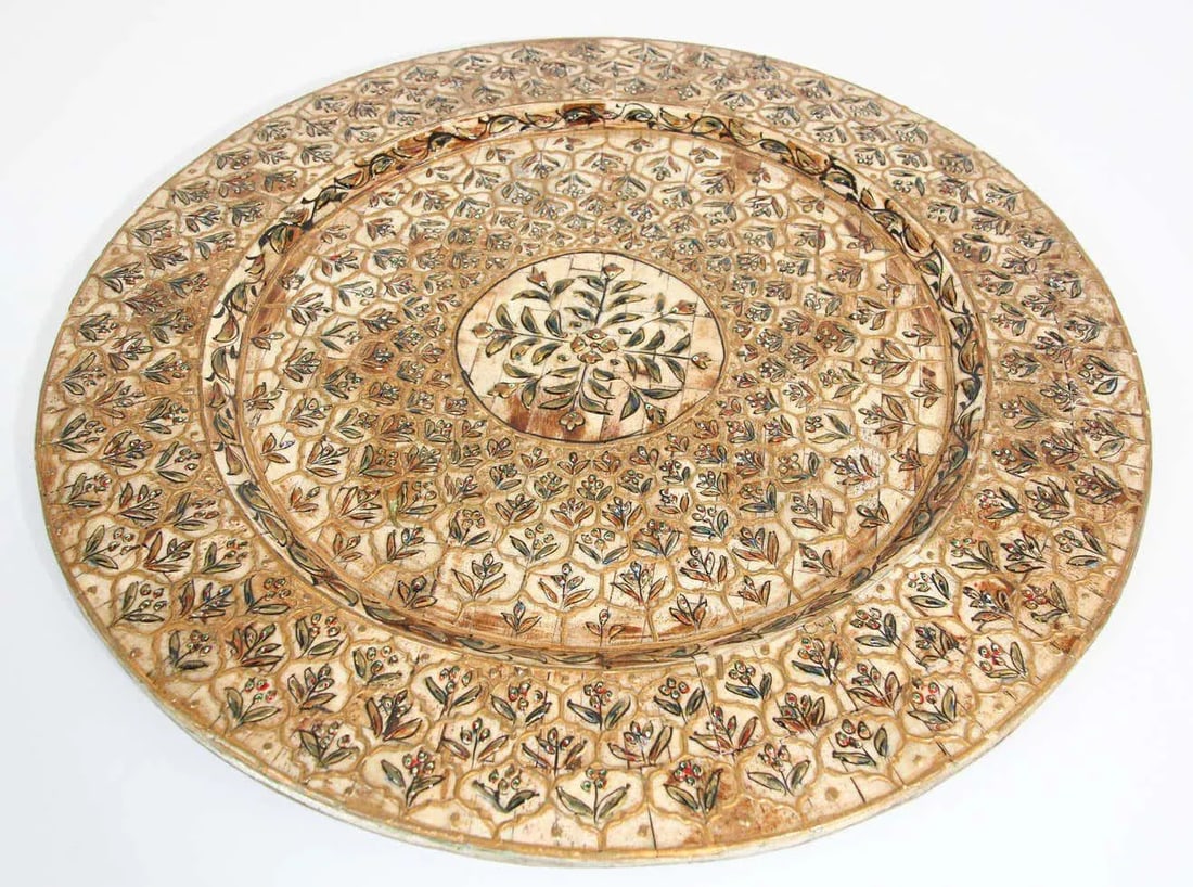 Indian Mughal Style Overlaid and Hand Painted Metal Platter 1950 - 7
