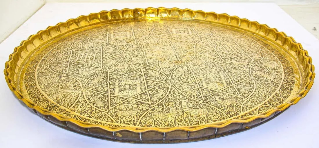 Indo-Persian Mughal Handcrafted Hammered Brass Decorative Tray - 10
