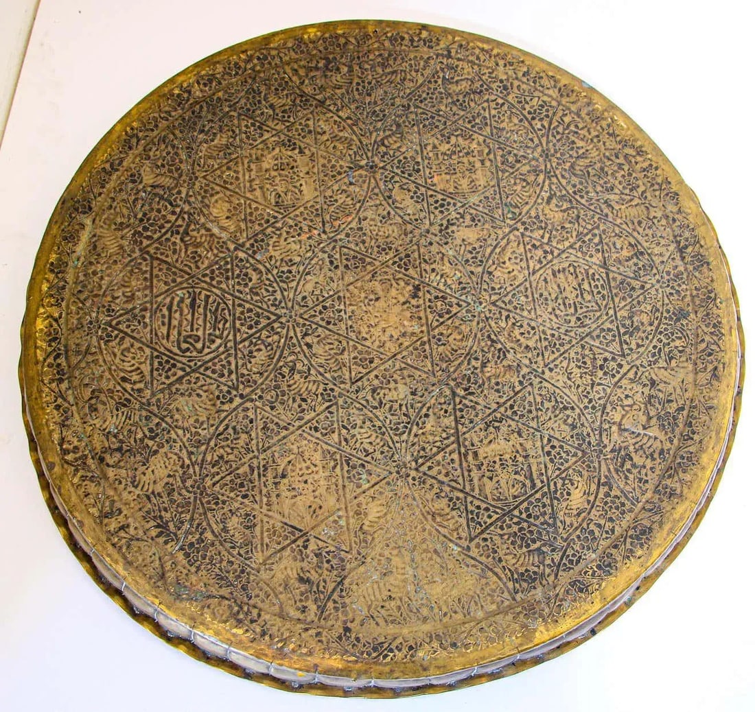 Indo-Persian Mughal Handcrafted Hammered Brass Decorative Tray - 11