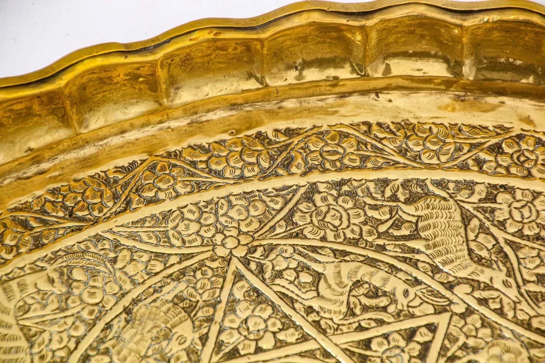 Indo-Persian Mughal Handcrafted Hammered Brass Decorative Tray - 4