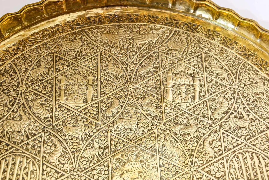 Indo-Persian Mughal Handcrafted Hammered Brass Decorative Tray - 6