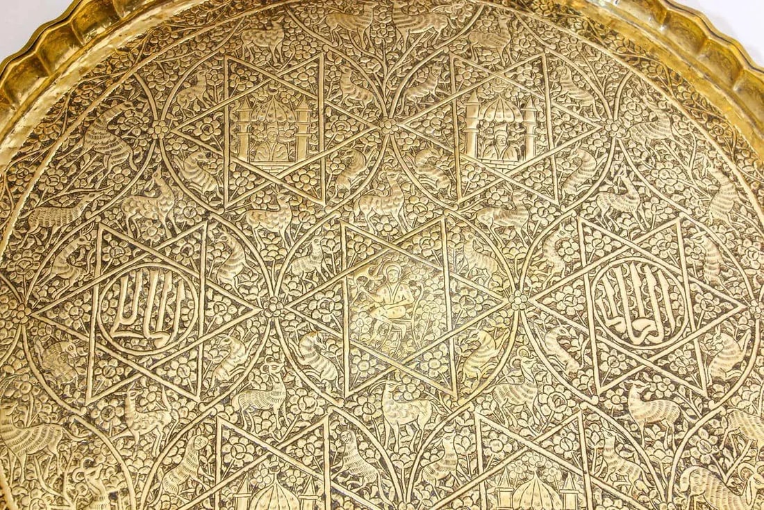 Indo-Persian Mughal Handcrafted Hammered Brass Decorative Tray - 7